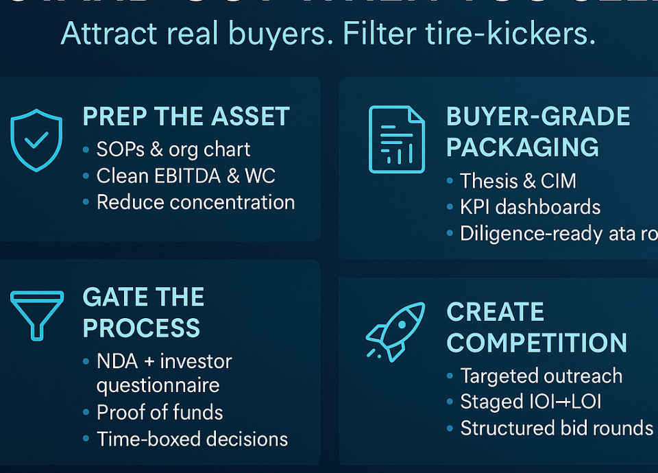 Image detailing strategies for selling a business, including sections on preparing assets, buyer-grade packaging, gating the process, and creating competition.