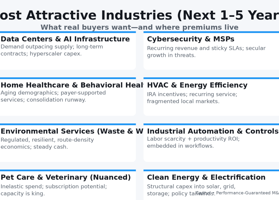 Most attractive industries for buyers, including Data Centers & AI Infrastructure, Cybersecurity & MSPs, and Home Healthcare & Behavioral Health, highlighting demand trends and investment opportunities.
