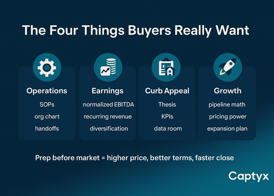 Four key elements buyers want: Operations, Earnings, Curb Appeal, Growth, with emphasis on preparation for market success, higher prices, and better terms, presented by Captyx.