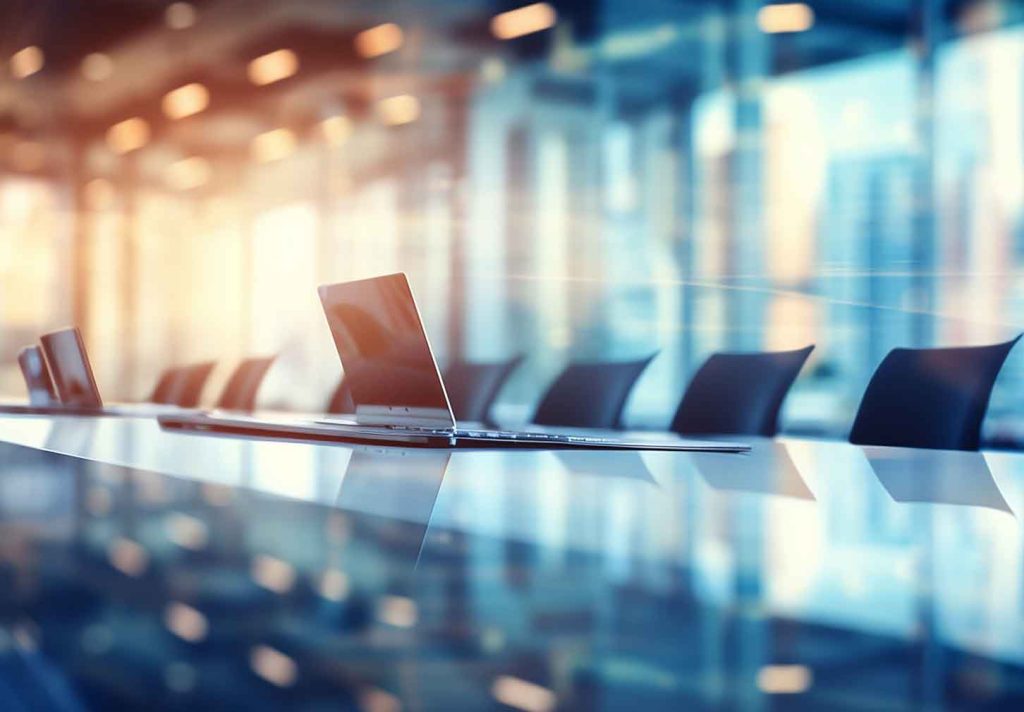 Modern conference room with a sleek table, laptops, and a bright, professional atmosphere, reflecting a business-focused environment for strategic discussions and deal-making.
