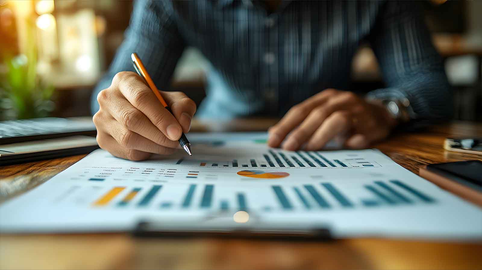 Person analyzing business valuation graphs and charts on paper, emphasizing financial data and insights relevant to Captyx's M&A advisory services.