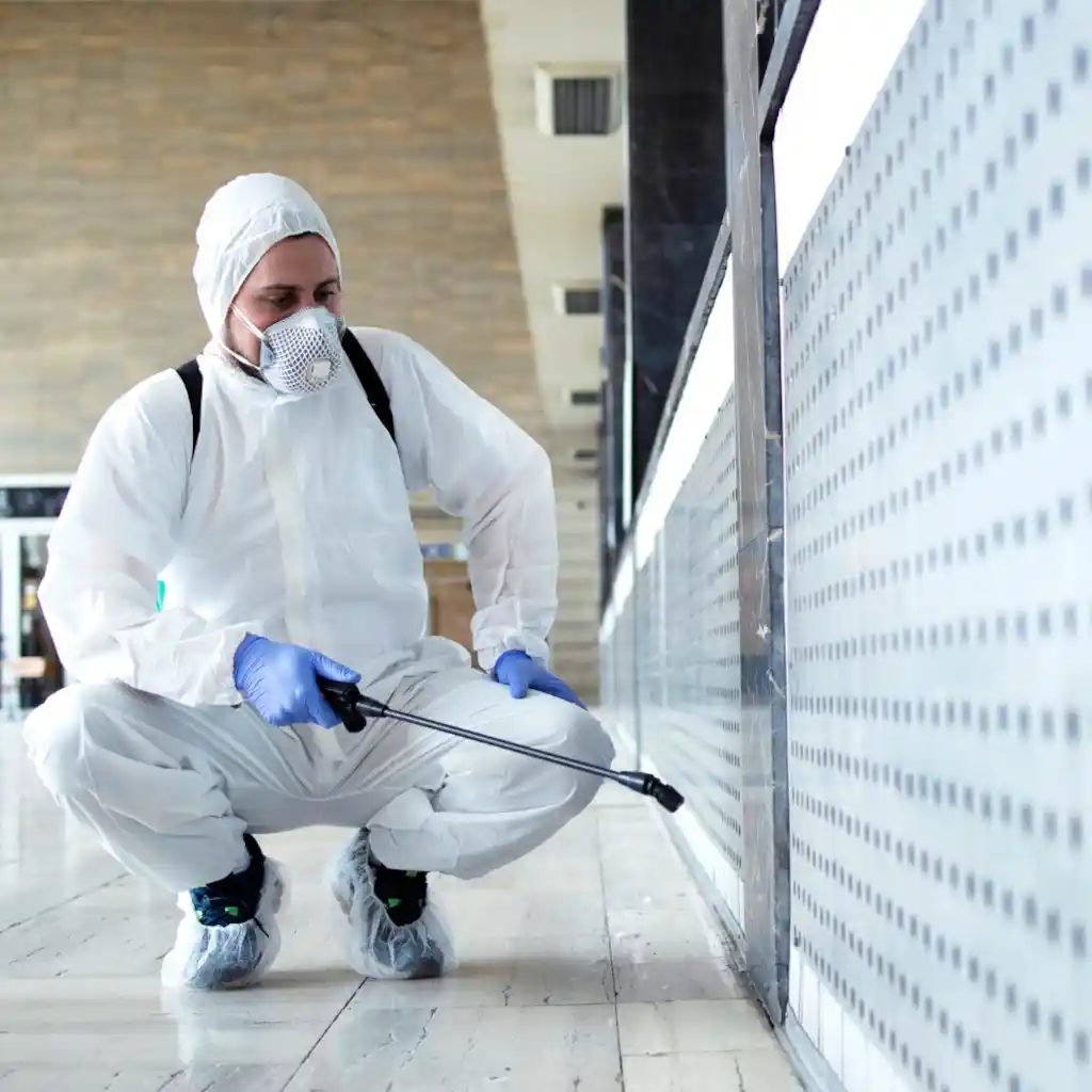 Pest control technician in protective gear applying treatment in a commercial setting, emphasizing environmentally conscious pest management services.