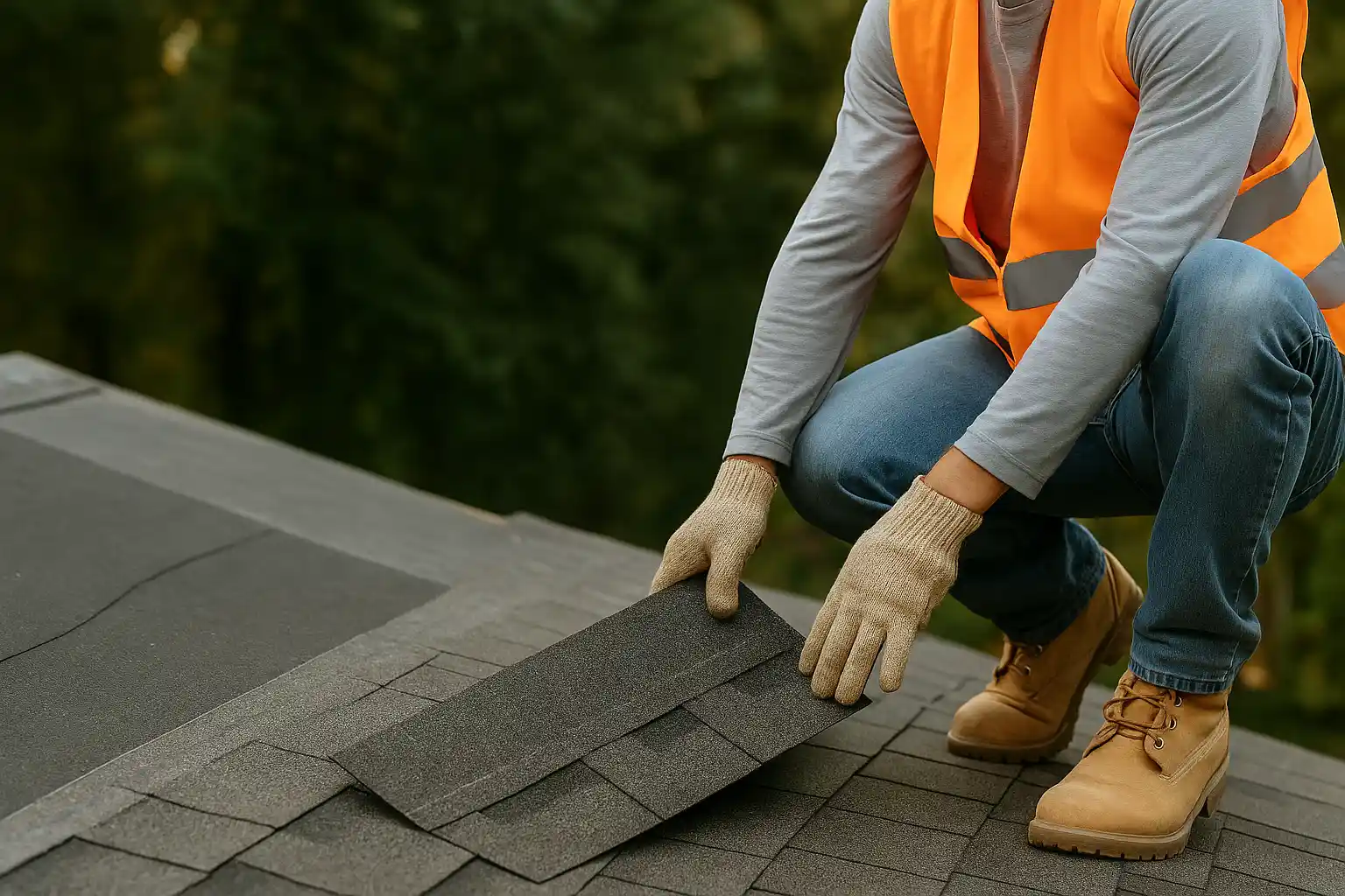 Worker in safety vest installing roofing shingles on a residential roof in Florida, showcasing skills relevant to a fast-growing roofing company seeking investment opportunities.