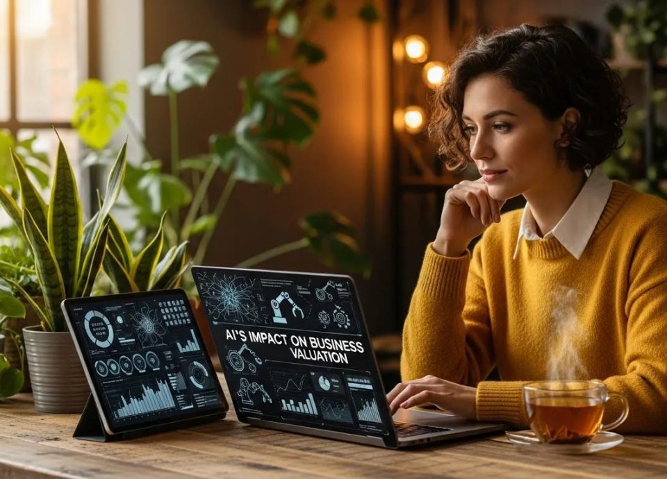Business owner analyzing AI data in a cozy office setting