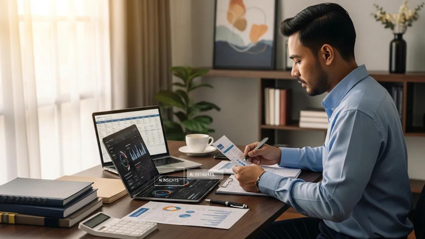Owner preparing sale materials with AI-driven insights on a laptop