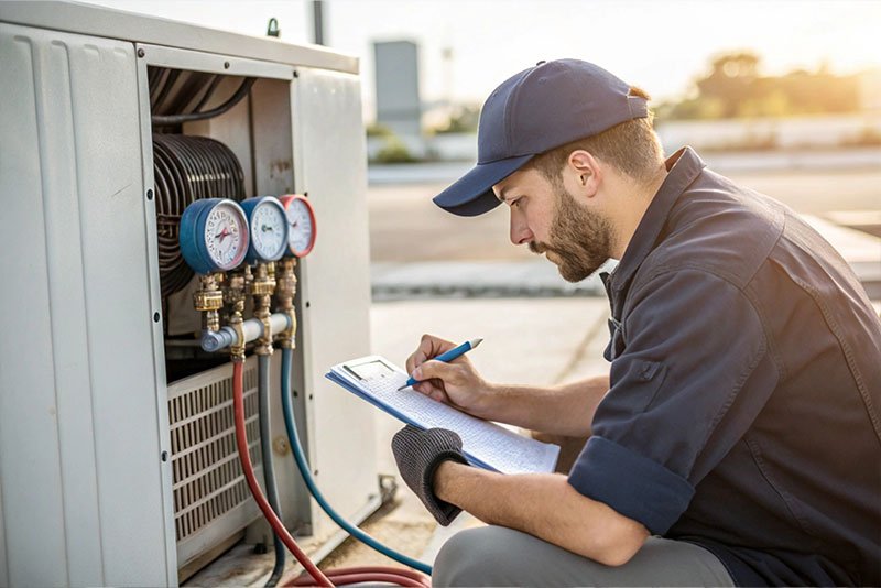 HVAC technician checking equipment with gauges and taking notes, emphasizing the demand for HVAC services in New York.