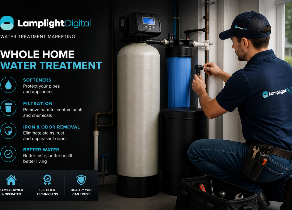 Technician performing water treatment installation, featuring filtration system and branding for Lamplight Digital, emphasizing whole home water treatment services.