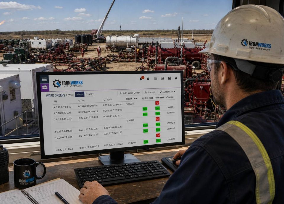 Professional in hard hat using Ironworks NDT software on computer, managing work orders in industrial setting with equipment in background.