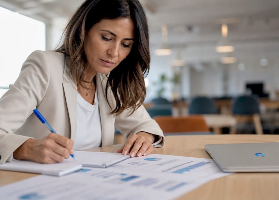 Businesswoman reviewing financial reports at desk