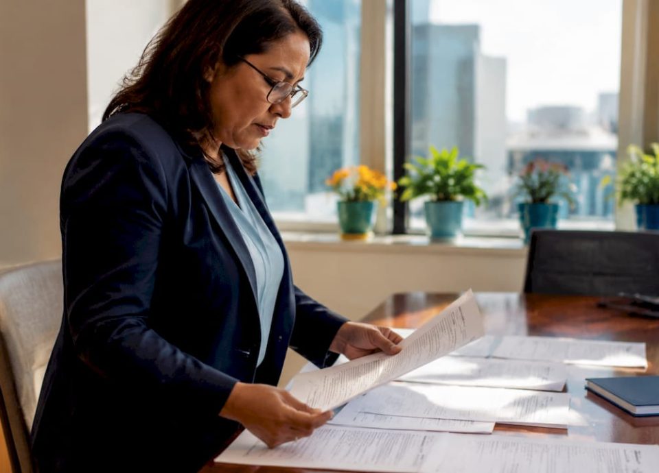Businesswoman reviewing acquisition financing documents
