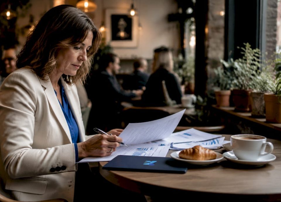 Businesswoman reviewing investment reports at desk