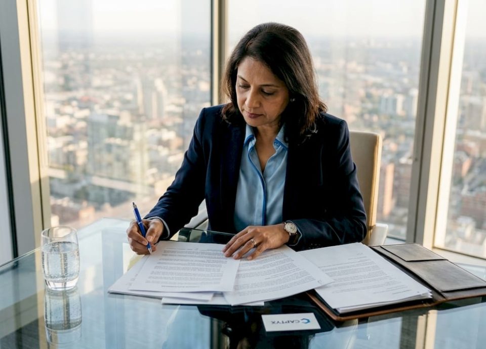 Seller reviewing business sale documents in office