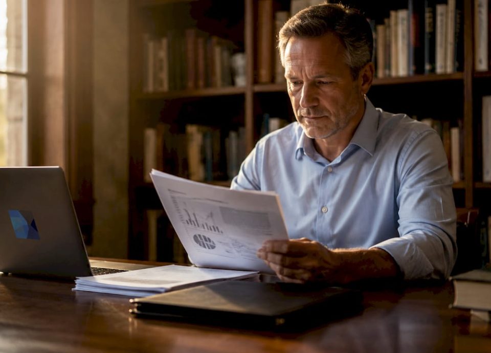 Business owner reviewing papers in office