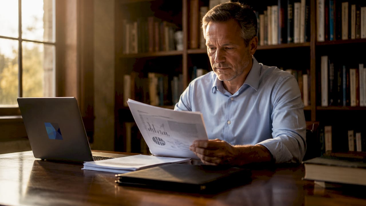 Business owner reviewing papers in office