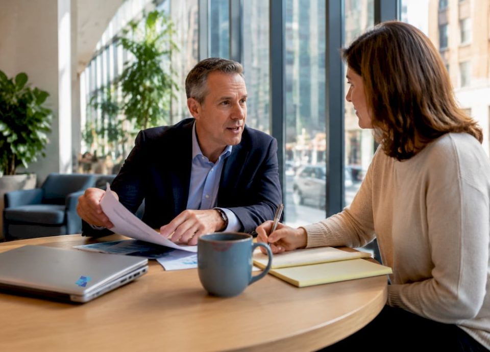 Business broker consulting with client in office