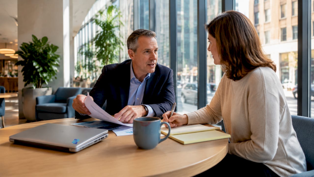 Business broker consulting with client in office