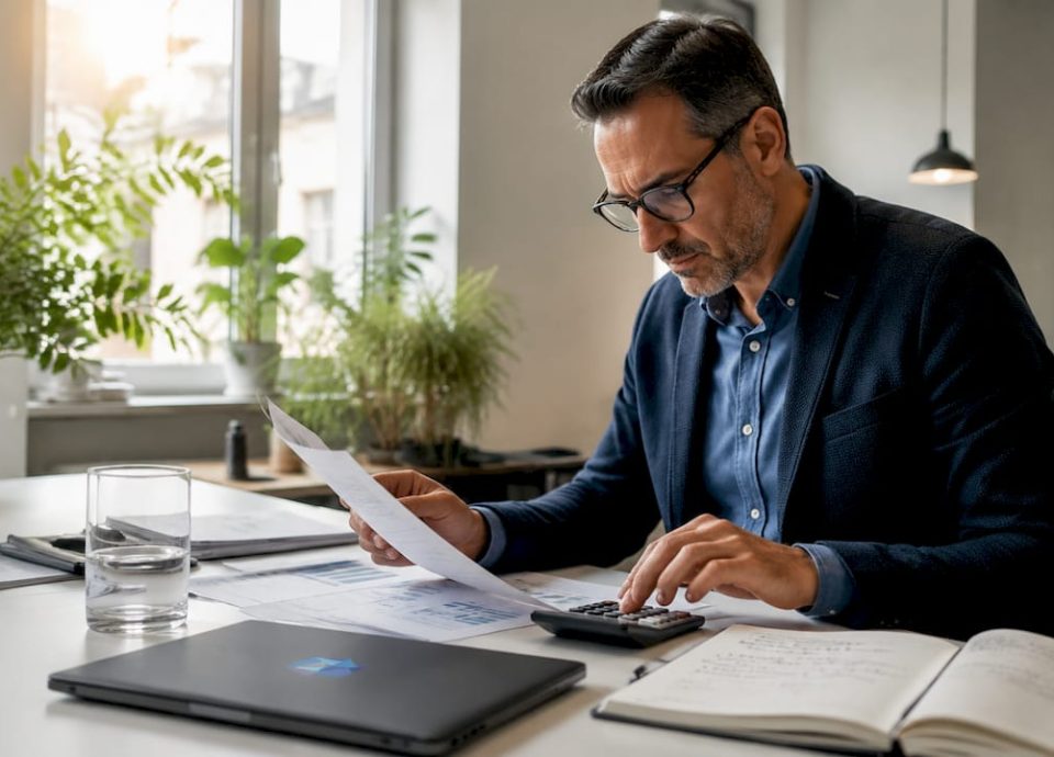 Man analyzing small business financial reports at desk