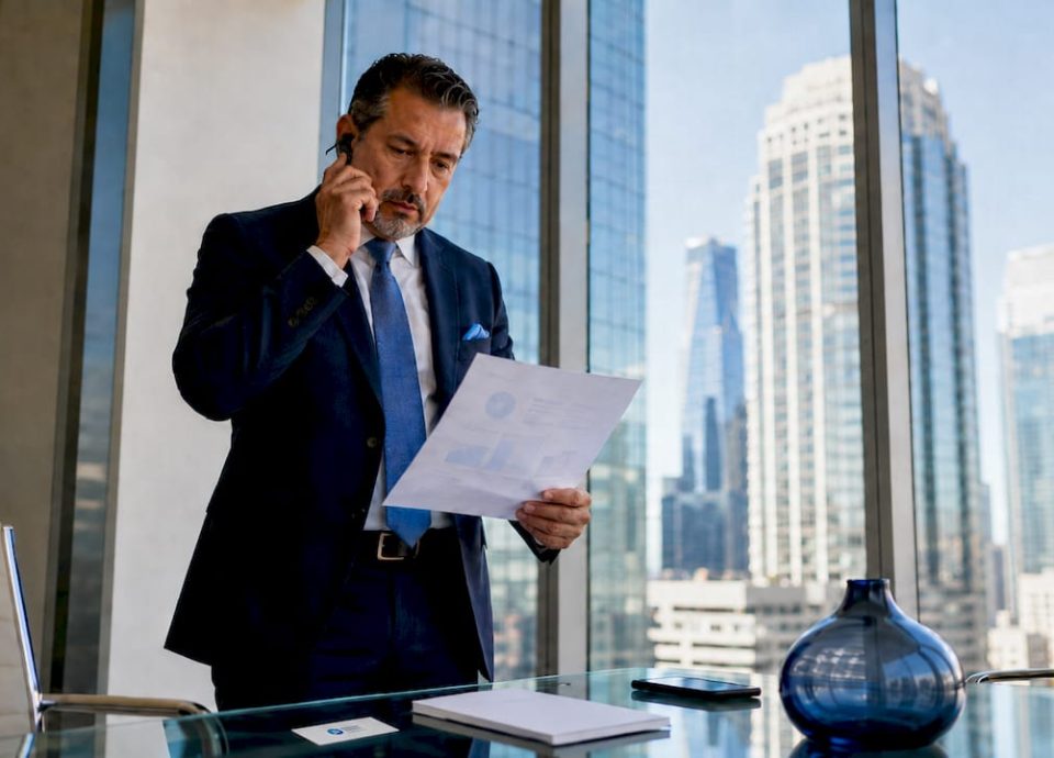 Business broker reviewing valuation report in office