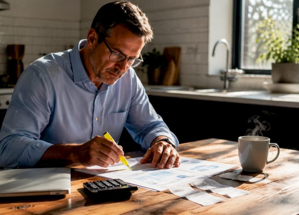Business owner reviewing financial documents at desk