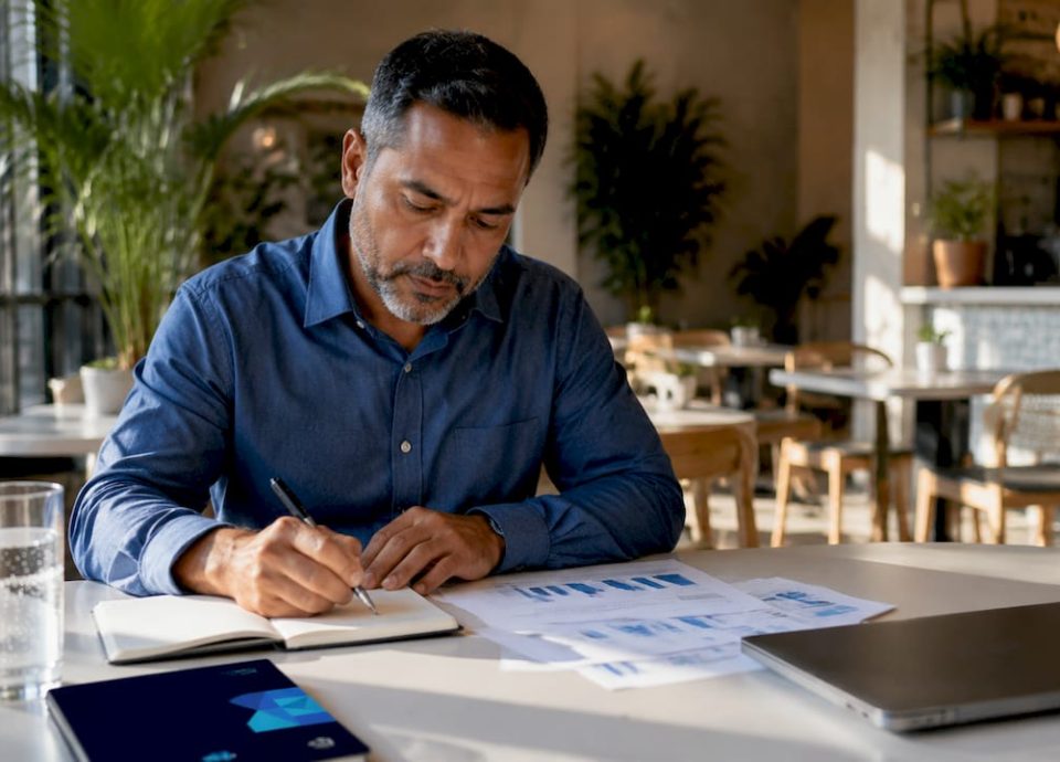 Man reviewing business sale timeline documents