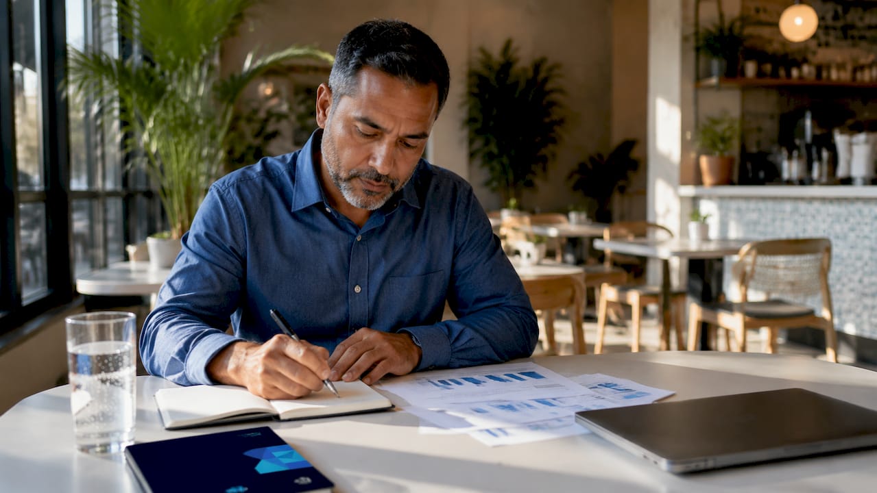 Man reviewing business sale timeline documents