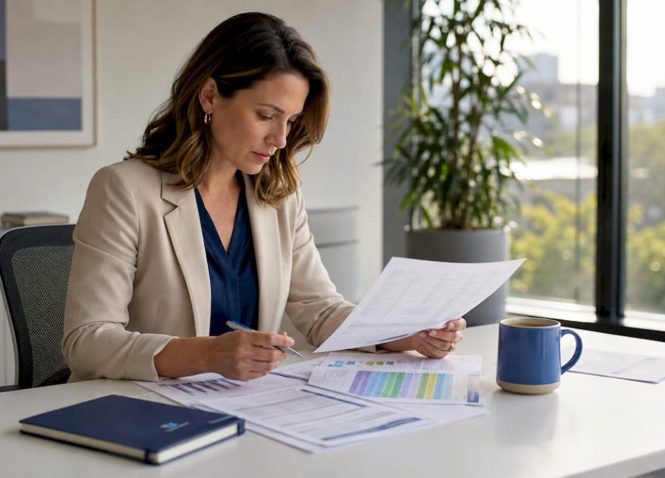 Consultant reviewing small business financial documents