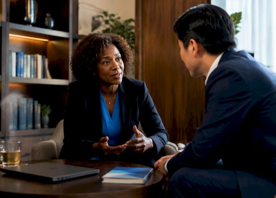 Business broker meeting with buyer in office