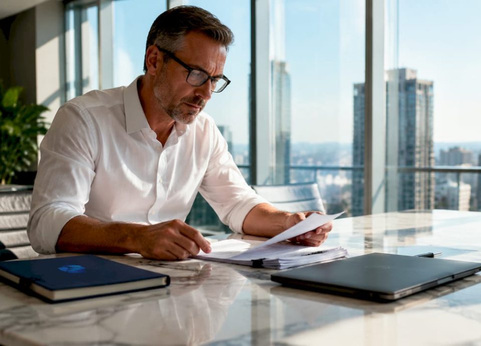 Business broker reviewing contract documents