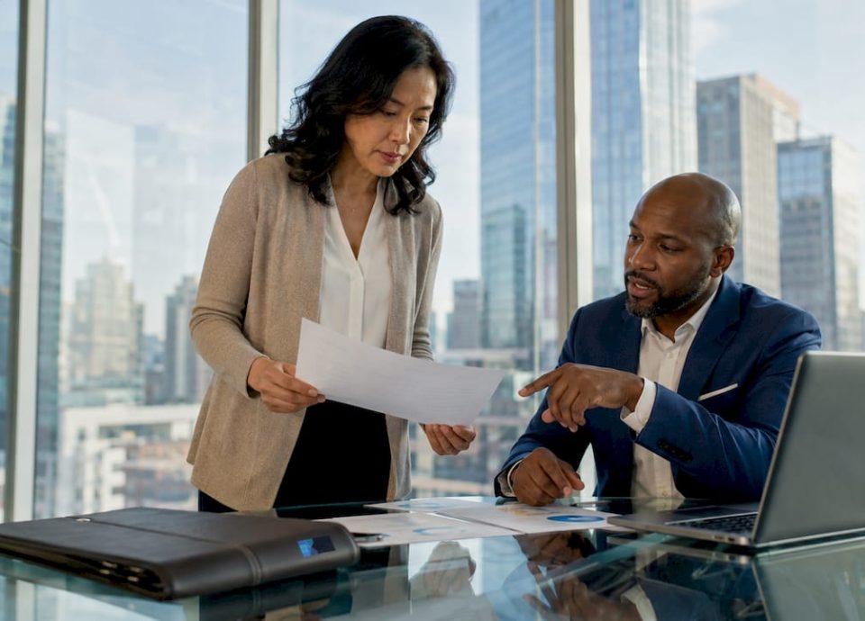 Business owners reviewing buy-sell agreement documents