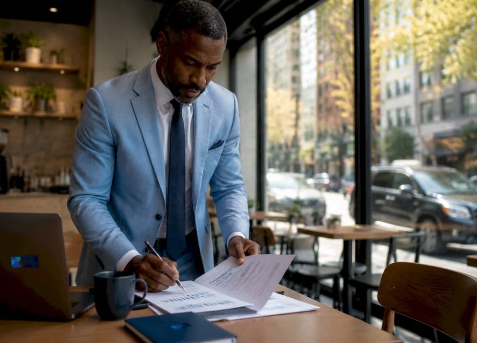 Businessman reviewing financial documents in office