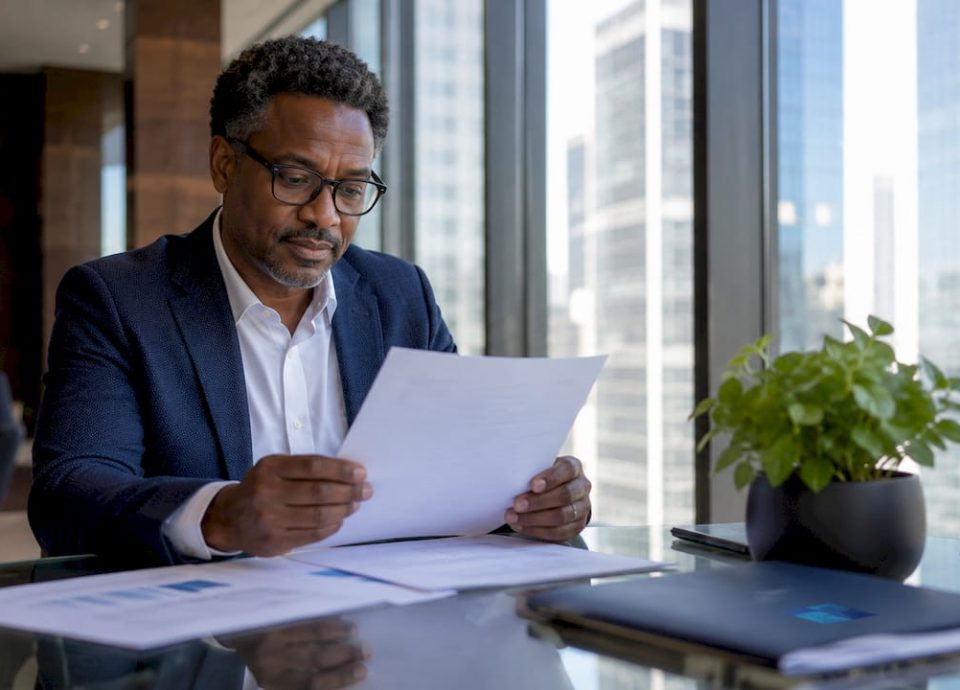 Business owner reviewing sale documents at conference table