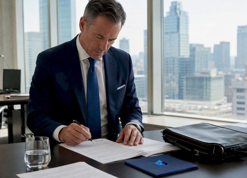 Businessman reviewing leveraged buyout documents