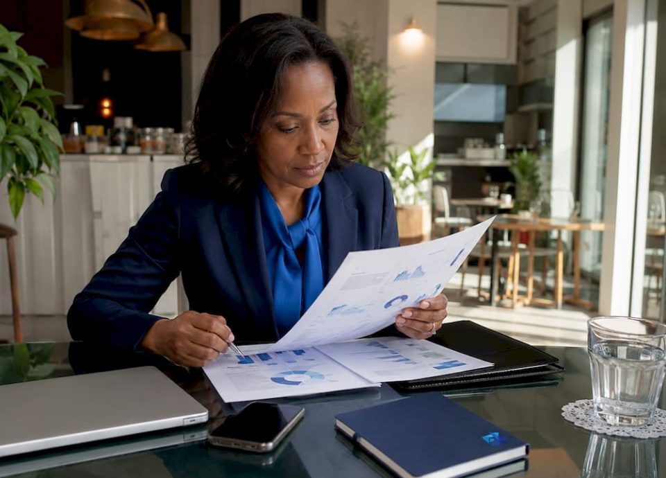 Businesswoman reviewing private equity exit documents