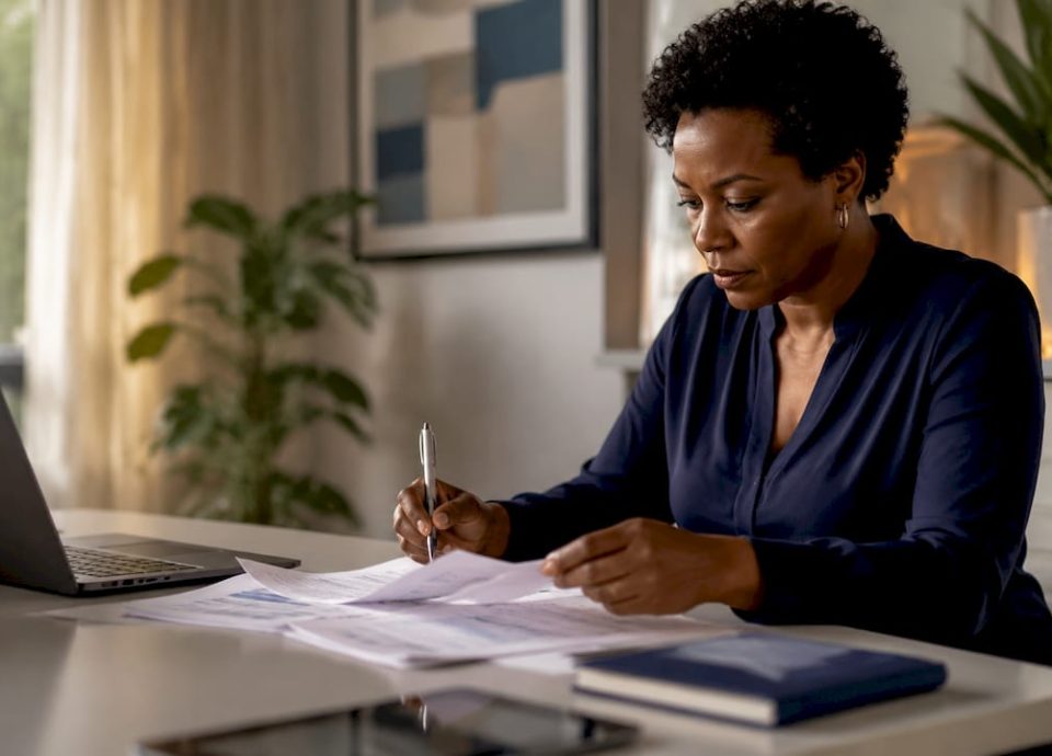 Businesswoman reviewing financial documents at desk with city view