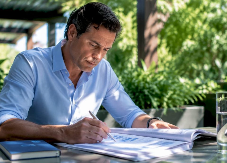 Investment banker reviewing financial reports in office