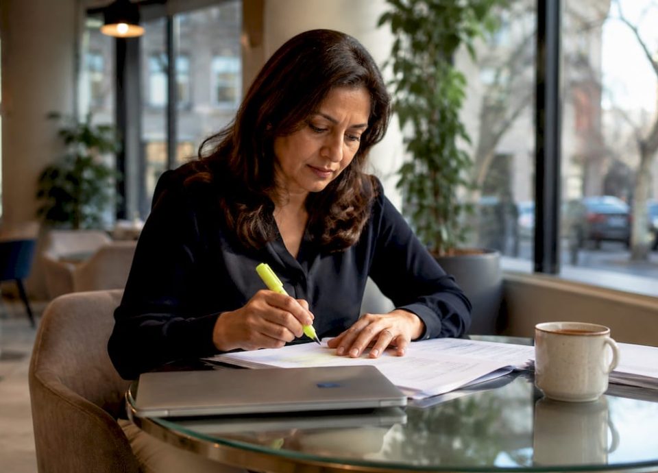 Woman reviewing offmarket business financial documents
