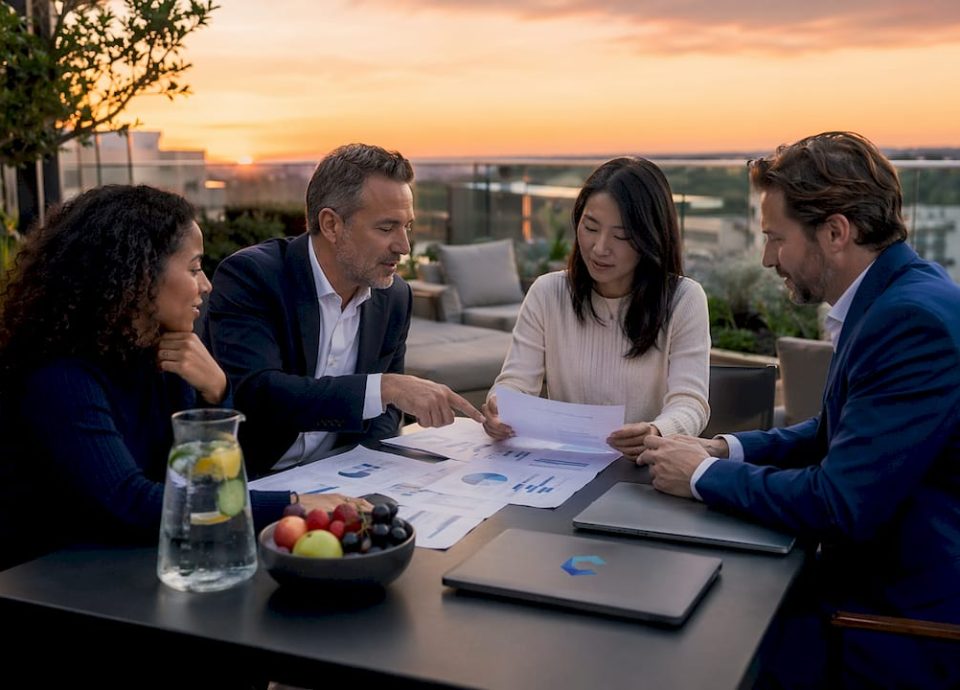 Business team reviewing strategic acquisition documents
