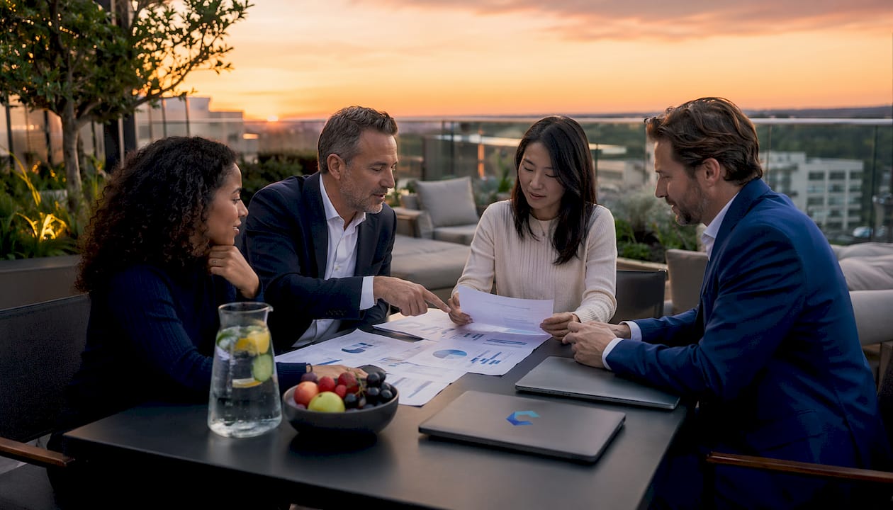 Business team reviewing strategic acquisition documents