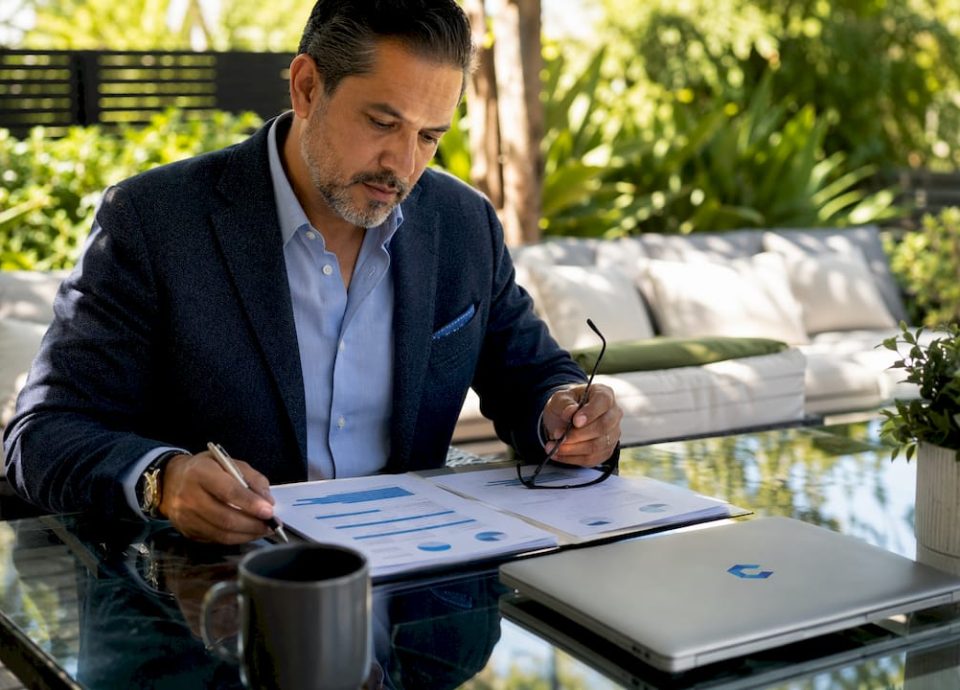 Man reviewing business valuation documents at desk