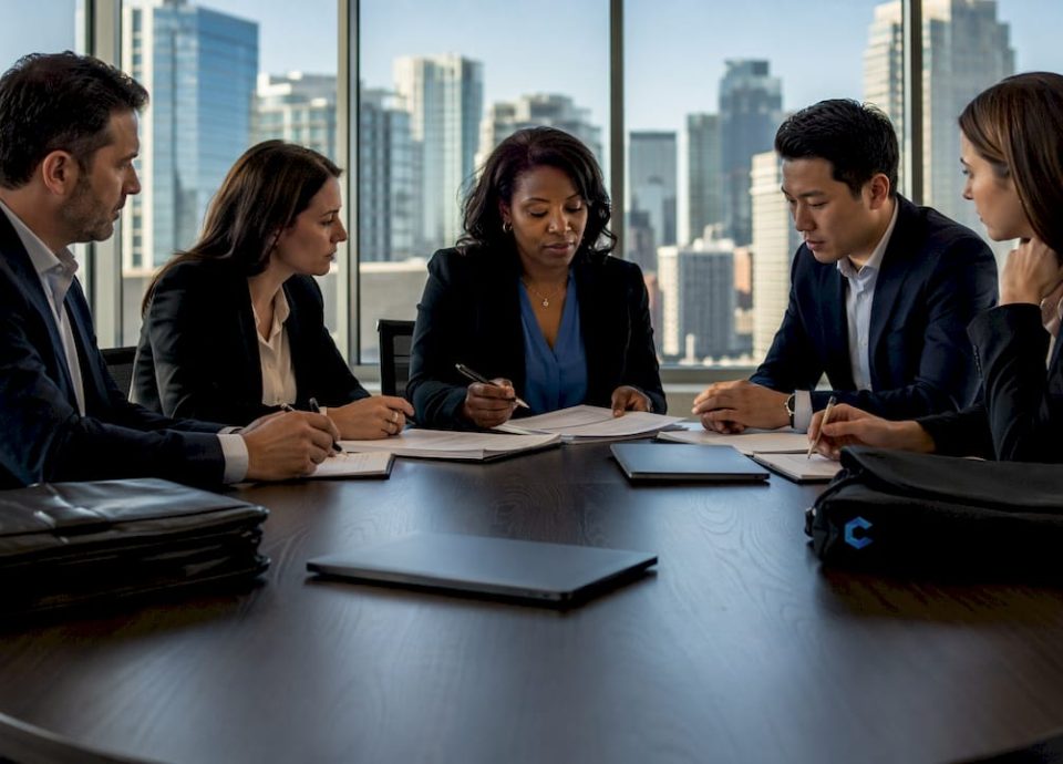Business professionals negotiating deal over contracts