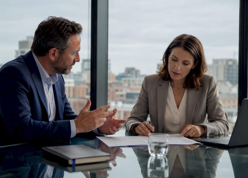 Two professionals negotiating off-market business deal
