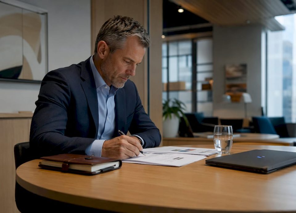 Businessman reviewing acquisition proposals in office