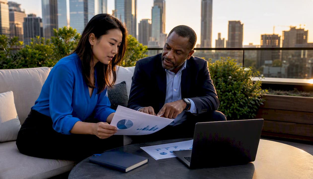 Two professionals discussing business sale options