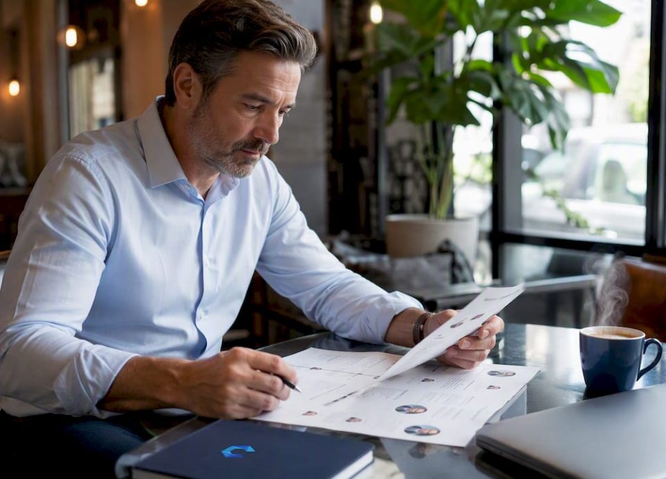 Business owner reviewing off-market sale documents