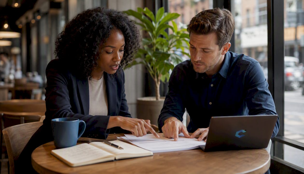 Business professionals negotiating deal terms