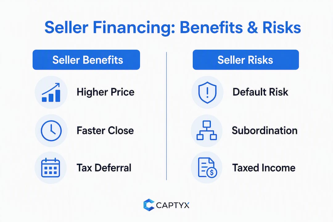 Infographic comparing seller financing benefits and risks