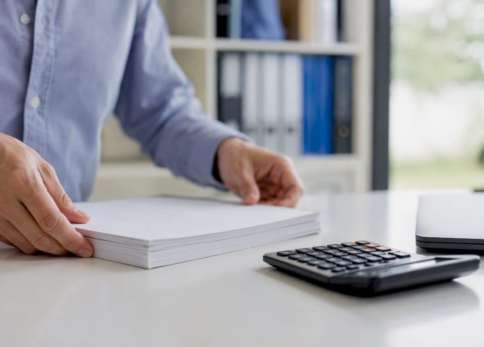 Hands arranging financial ledgers and calculator