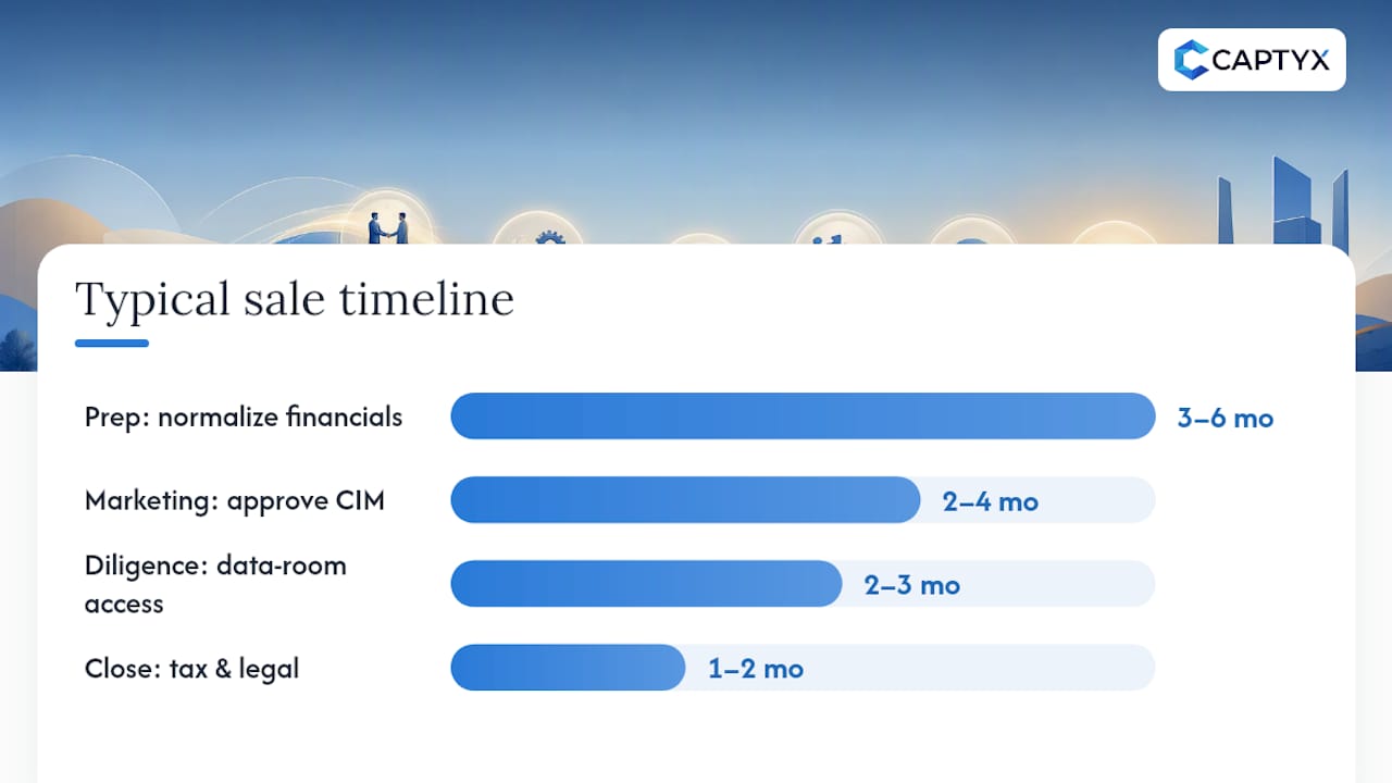 Business sale timeline showing phases and key actions
