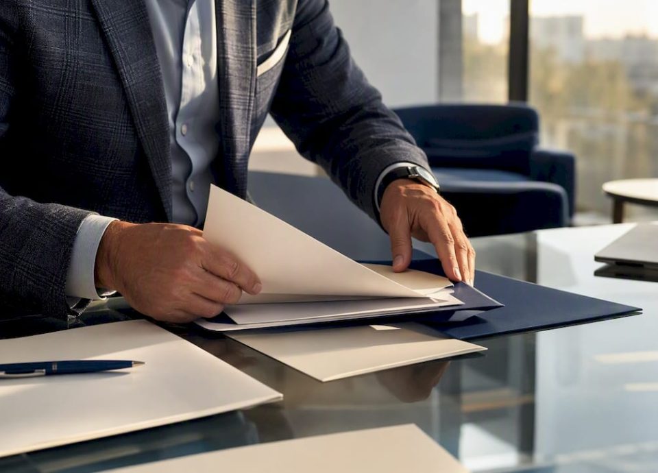 Hands preparing blind teaser document package