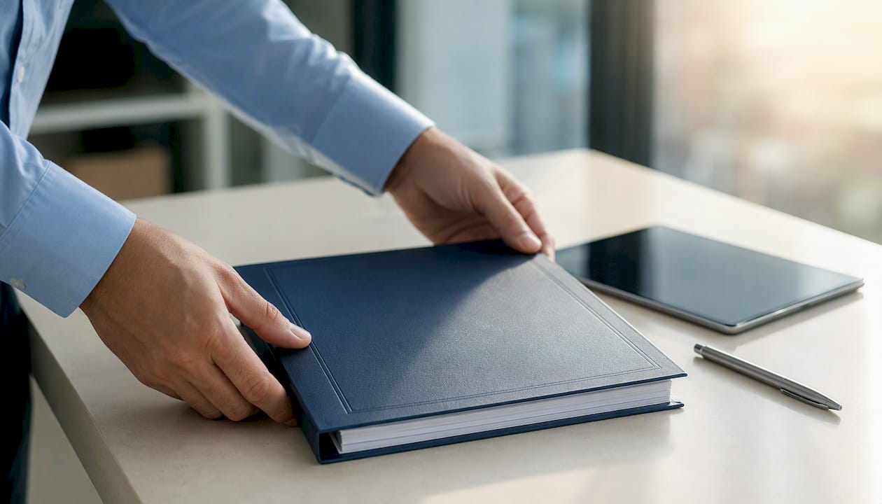 Hands organizing contract folder on table